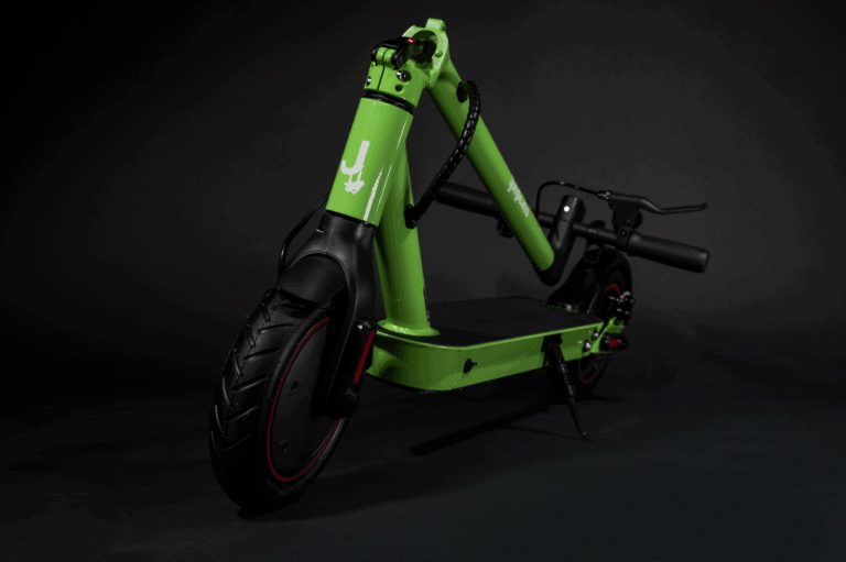 folded green electric scooter front angle